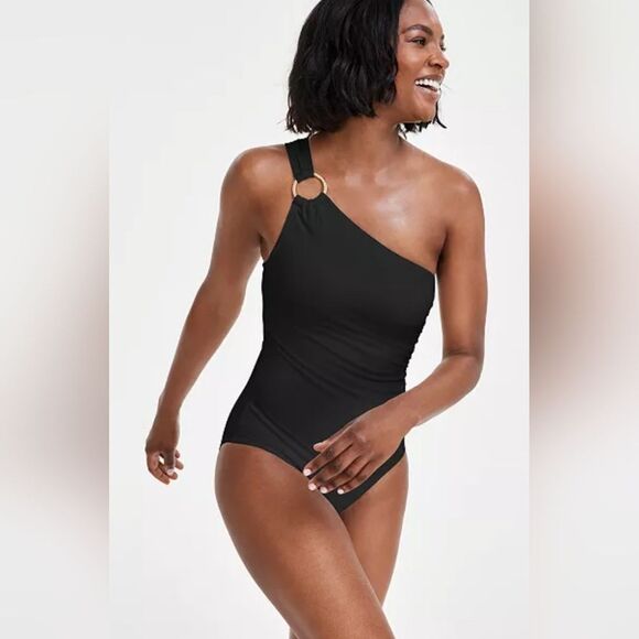 Michael Kors Embellished One-Shoulder One-Piece Swimsuit NWOT Sz 10 Black - Picture 1 of 6